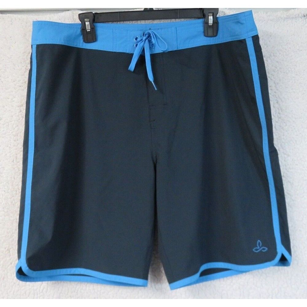 Mens prAna Board Shorts Size 38 Blue‎ Flat Front UPF 50+ Solid Recycled Poly